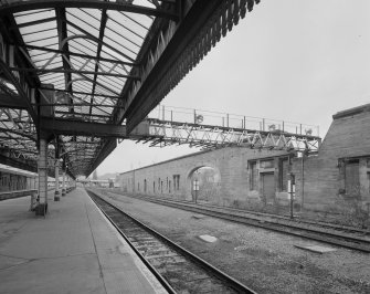 Perth, Leonard Street, General Station
Platform 7:  view from north down west side of station, showing remains of wall which previously formed the east side of the car shed