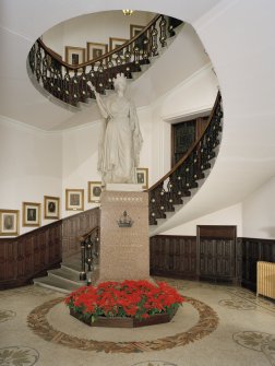 Interior view of town-house, ground floor, main stair hall and view of stair with statue of Queen Victoria at Aberdeen Municipal Buildings and Tolbooth.