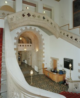 Interior. Sheriff Court, ground floor, entrance hall, view from staircase landing to North East.