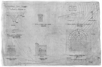 Inveraray, New School.
Photographic copy of details.
Titled: 'Inveraray New School' 'Plan of details' 'Detail of Pillar, Runbeam, Brackets for Sheltershed Scale 1":1' foot' 'Detail of Saddle-Back coping. Scale 1":1'.' 'Details shewing construction of Galleries, Scale 1":1'.' Elevation of Railing. Scale 1/2":1'.' 'Elevation of Gate. Scale 1/2":1'.' 'Details of Gothic Window Head. Scale 1/2": 1' '.
Pencil, paper.