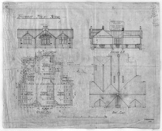 Inveraray, Public School.
Elevations, sections, Ground and roof plans.
Titled: 'Inveraray Public School' 'East elevation' 'Section AB' 'Ground Plan' 'Roof Plan' 'Plans returned for revival'
Ink.