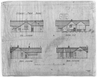 Inveraray, Public School.
Elevations, sections, Ground and roof plans.
Titled: 'Inveraray Public School' 'Scotch Education Department. Plans returned for revival' 'West elevation' 'North elevation' 'Section CD' 'South elevation'.
Ink.