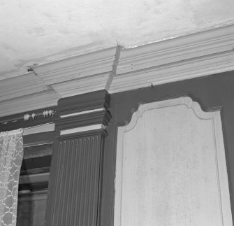Interior. View of first floor South room/ drawing room showing a detail of the cornice and pilaster capital