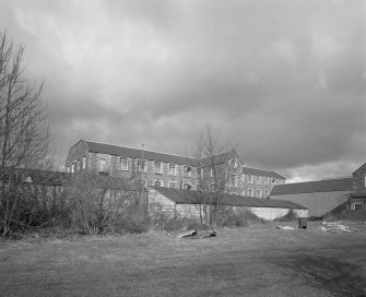 Selkirk, Dunsdale Haugh, Dunsdale Road, Riverside Mills
General view from south of New Mill (1863), with the lower floor obscured by a single-storeyed wooden waste wool store in the foreground