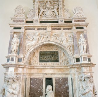Interior.
Monument to George Home, 1st Earl of Dunbar (d.1611), detail of upper mid-section with plaque.