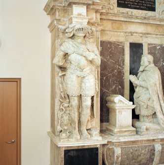 Interior.
Monument to George Home, 1st Earl of Dunbar (d.1611), detail of Knight on left side.