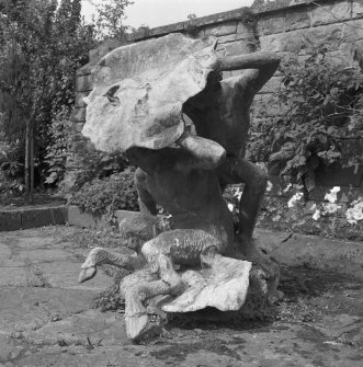 Lead sculpture by Charles Mackie in garden to South of main house, view from South East.