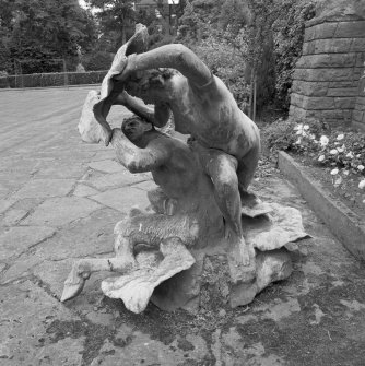 Lead sculpture by Charles Mackie in garden to South of main house, view from East.