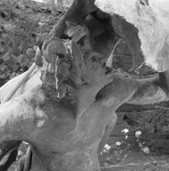 Lead sculpture by Charles Mackie in garden to South of main house, detail of head of Pan.