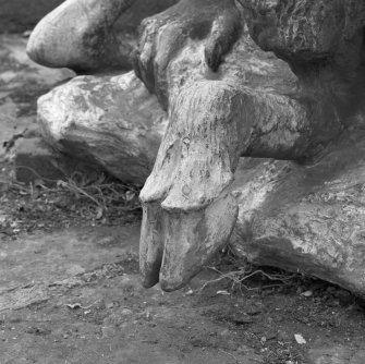 Lead sculpture by Charles Mackie in garden to South of main house, detail of hoof.