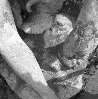 Lead sculpture by Charles Mackie in garden to South of main house, detail of inscription on base.