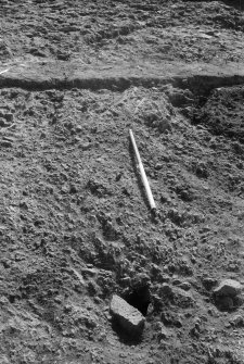 Excavation photograph : area VII - posthole f719 and groove, looking south.