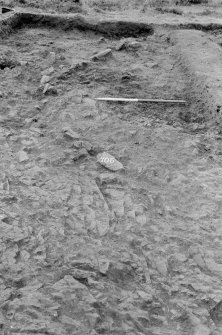 Excavation photograph : area VII - curving line of stones f706, looking west.