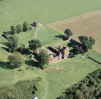 Oblique aerial view centred on Edzell Castle