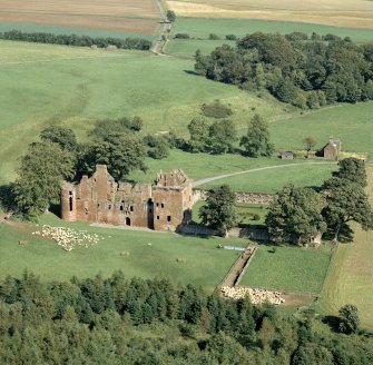 Oblique aerial view centred on Edzell Castle.