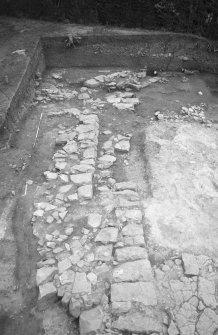 Jedburgh Abbey excavation archive
Frame 29: Area 1: N end of Trench J, showing walls 194, 198 and 197 and floor 256. From W.
