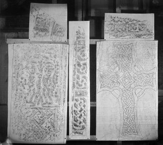 Photographic copy of five rubbings showing St Matthew's Cross, Iona; Inchinnan no.2 cross slab; Rosemarkie no.4 sculptured stone and an unidentified carved stone