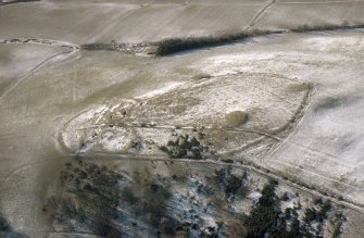 Black Hill, Lesmahagow, oblique aerial view, taken from the NE, centred on the fort, settlement and cairn.