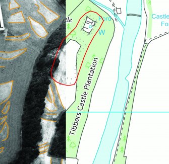 Illustration of Tibbers Castle showing scheduled area, section of OS map and section of aerial photograph DF3071RE