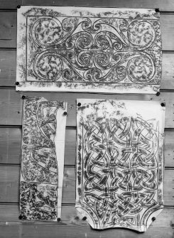 Photographic copy of three rubbings showing detail of Ardchattan Priory cross slab and two unidentified carved stones.