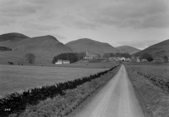 Distant view of Durisdeer village with church visible.