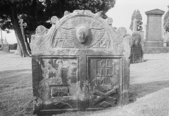 View of headstone in Dollar Old Parish Churchyard dated 1727 and initials 'WL GL IB IL ML'.