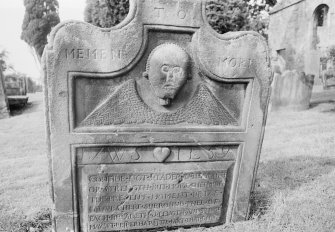 View of east face of headstone in Dollar Old Parish Churchyard dated 1759 and initials 'WS IL'.