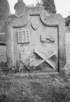 View of west face of headstone in Dollar Old Parish Churchyard dated 1759 and initials 'WS IL'.