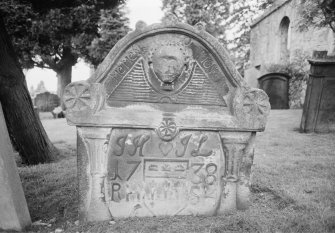 View of headstone in Dollar Old Parish Churchyard dated 1738 and initials 'IH IL'.