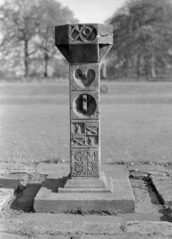View of sundial in the garden of Auchenbowie House, with initials 'G M M B' and dated 1702.