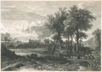 Engraving showing distant view of Dirleton Castle, with Berwick Law, Bass Rock and cows.