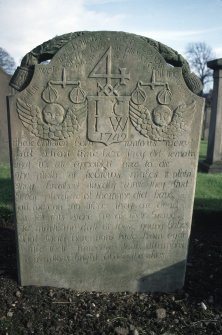 View of headstone to Couper children, Arbroath Abbey churchyard, with initals 'I C I W' and dated 1749.