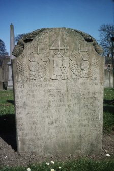 View of headstone to Couper children, Arbroath Abbey churchyard, with initals 'I C I W' and dated 1749.