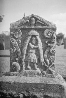 Detail of headstone to Elizabeth McCrackes 1714, Girvan burial-ground.