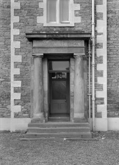 Detail of colonnaded main entrance doorway of the British Linen Bank, High Street, Jedburgh.