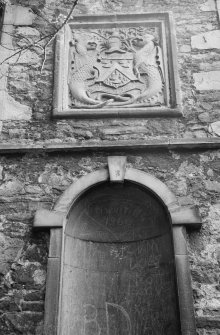 Detail of armorial panel showing the Otterburn Arms, Redhall House dovecot, Edinburgh.