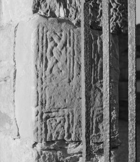 View of Abercrombie no.1 cross-slab fragment in the wall of Abercrombie Church.