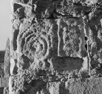 View of Abercrombie no.5 carved stone fragment in the wall of Abercrombie Church.