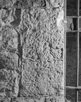 View of Abercrombie no.2 cross-slab in the wall of Abercrombie Church.