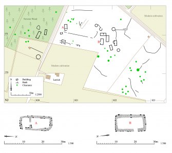 Newton Wood, map showing the archaeological landscape at scale 1:2500 and plans of two builings at  scale 1:500