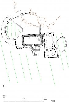 Plan of buildings and enclosure at Blar na Fionn Aird. HES publication illustration.