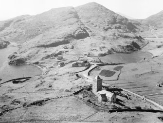 Oblique aerial view of St Clement's Church, Rodel, Harris