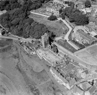 Oblique aerial view of St Serf's Church, Dysart, including The Shore.
