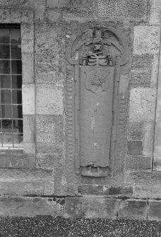 View of tombstone in church wall, Elie Parish Church