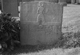 View of gravestone to Anne Fox 1746 in the churchyard of Barry Old Parish Church.