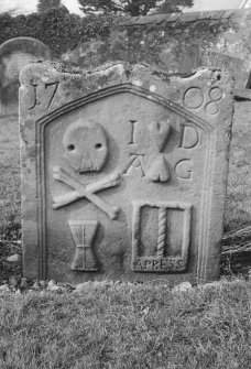 View of gravestone dated 1708, in the churchyard of St Serf's Parish Church, Alva.