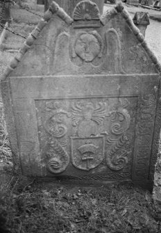 View of gravestone commemorating David Smith 1738 in the burial ground of Benoch Parish Church.