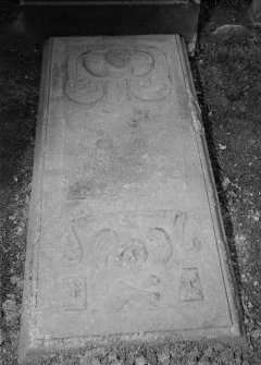 Detail of gravestone commemorating Margaret Wright 1721 in the burial ground of Benoch Parish Church.