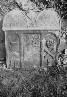 View of gravestone dated 1754 in the churchyard of Clackmannan Parish Church.