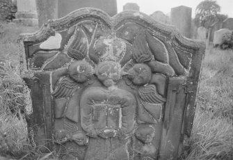 View of headstone of Janet Fullarton 1743, in the graveyard of Mochrum Church.